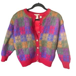 VTG Susan Bristol 90s Plaid Mohair Cardigan Sweater sz L